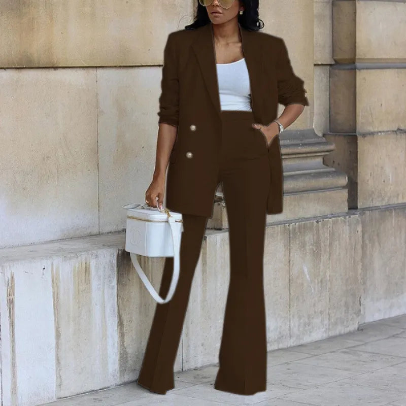 Double Breasted Blazer & High Waist Flared Pants Two Piece Commuter Suit Set
