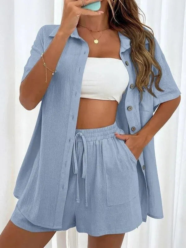 Linen Button Down Shirt & Shorts Set