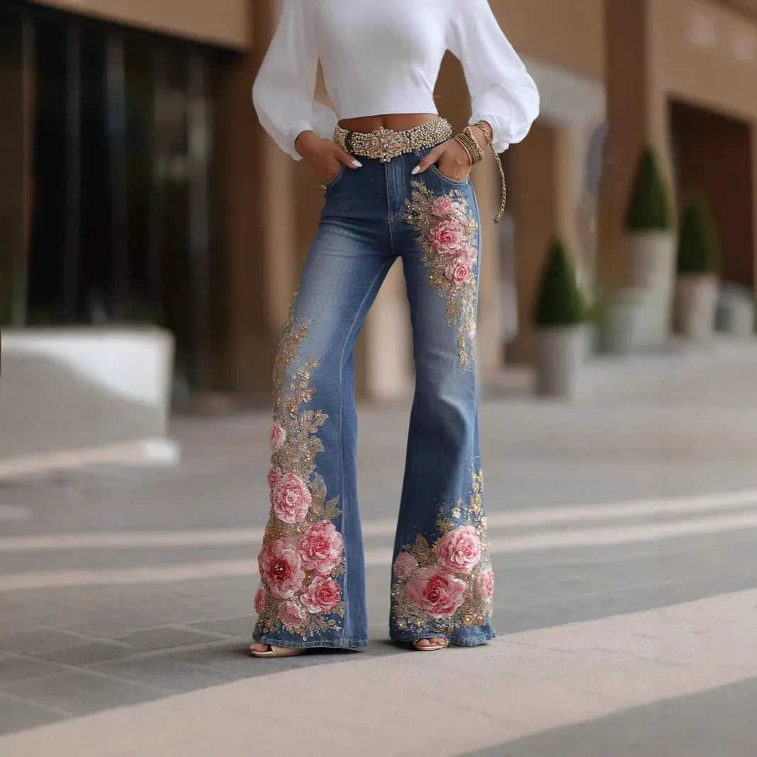Retro Floral Embossed Flare Jeans
