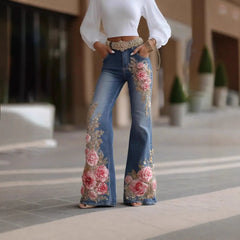 Retro Floral Embossed Flare Jeans