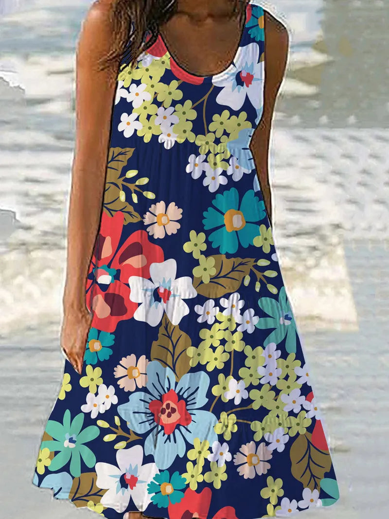 Floral Print Sleeveless Round Neck Tiered Midi Dress