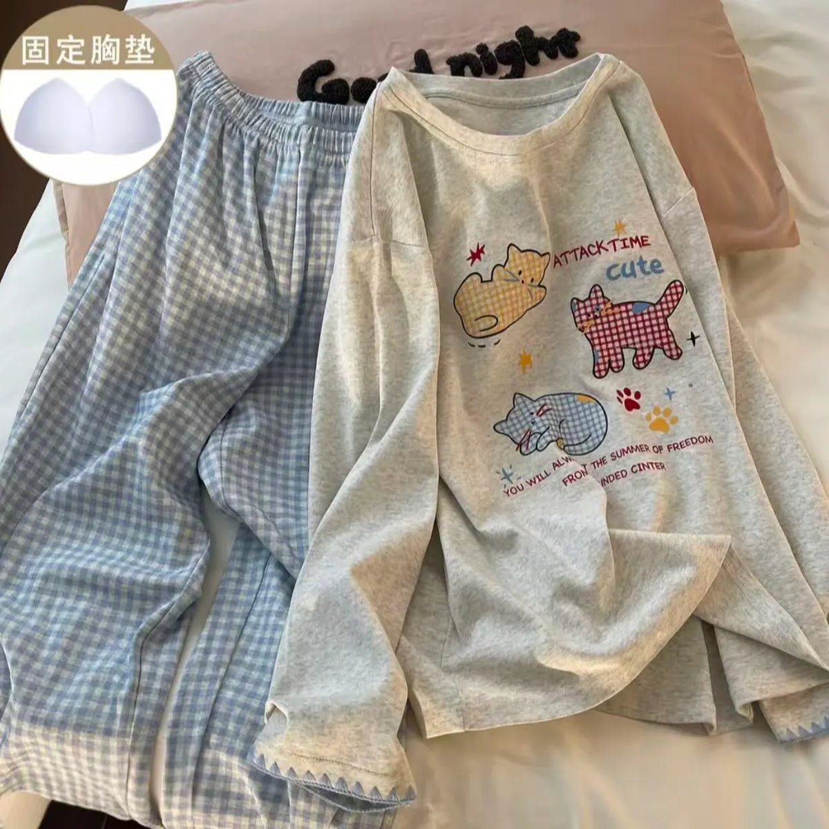 Kawaii Kitten Graphic 2 Piece Sleepwear, Grey Long Sleeve Tee & Blue Plaid Pants Ladies Pyjamas