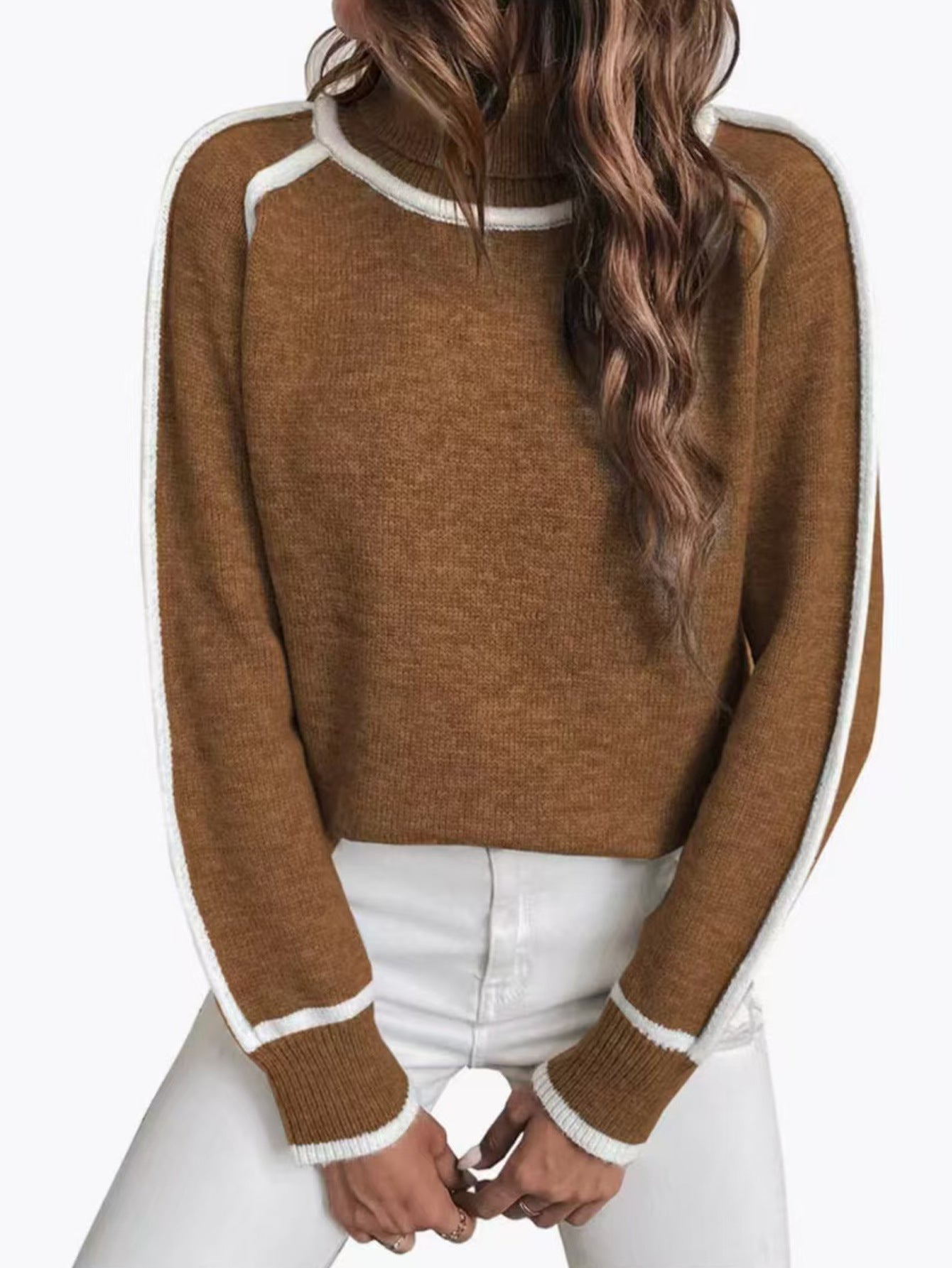 Contrast Trim Turtleneck Sweater, Ladies Raglan Sleeve Soft Knit Loose Fit Casual Pullover
