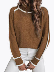 Contrast Trim Turtleneck Sweater, Ladies Raglan Sleeve Soft Knit Loose Fit Casual Pullover