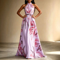 Floral Print Halter Neck High Waist Flowy Maxi Dress