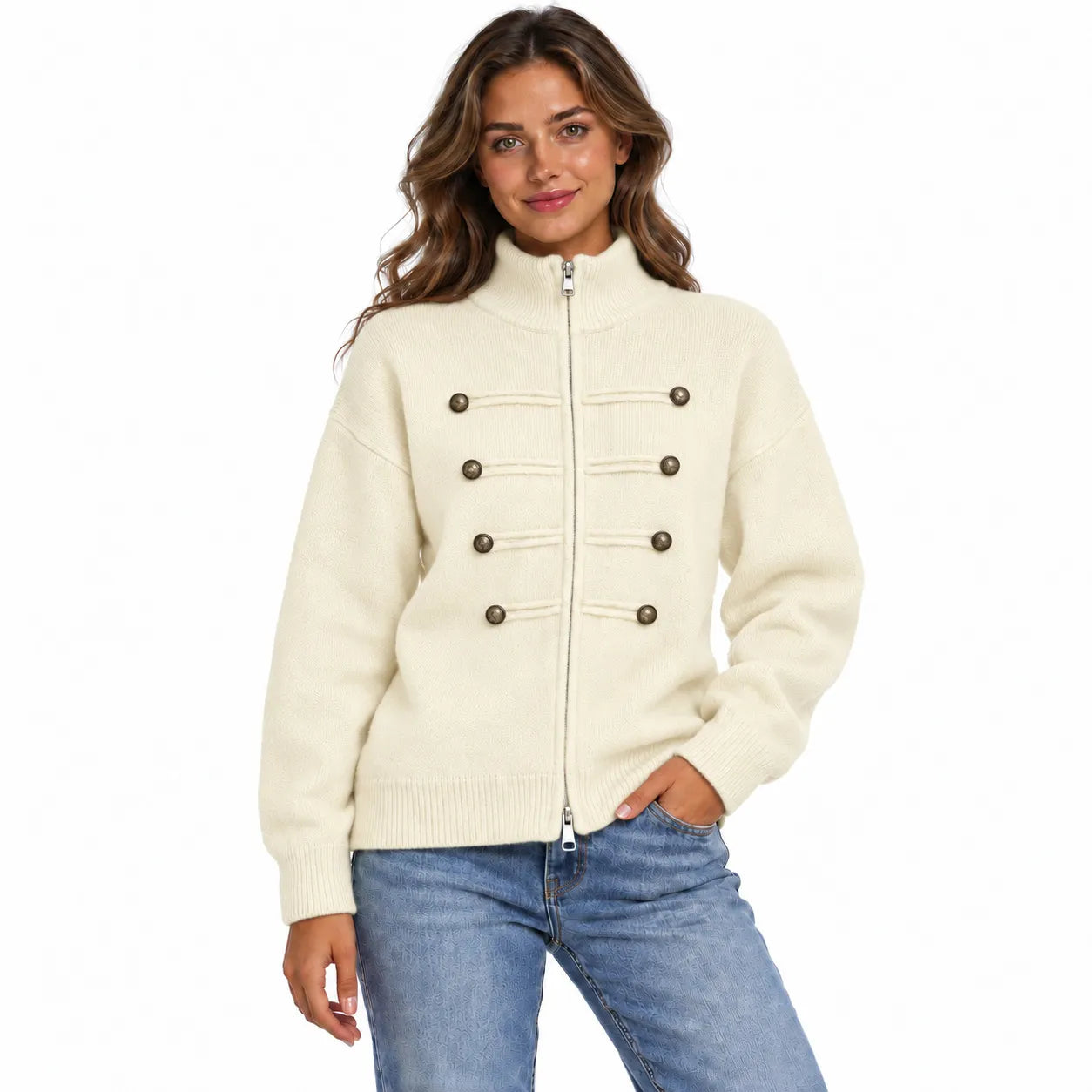 Stand Collar Zip Up Knit Cardigan, Double Breasted Decorative Button Sweater Jacket