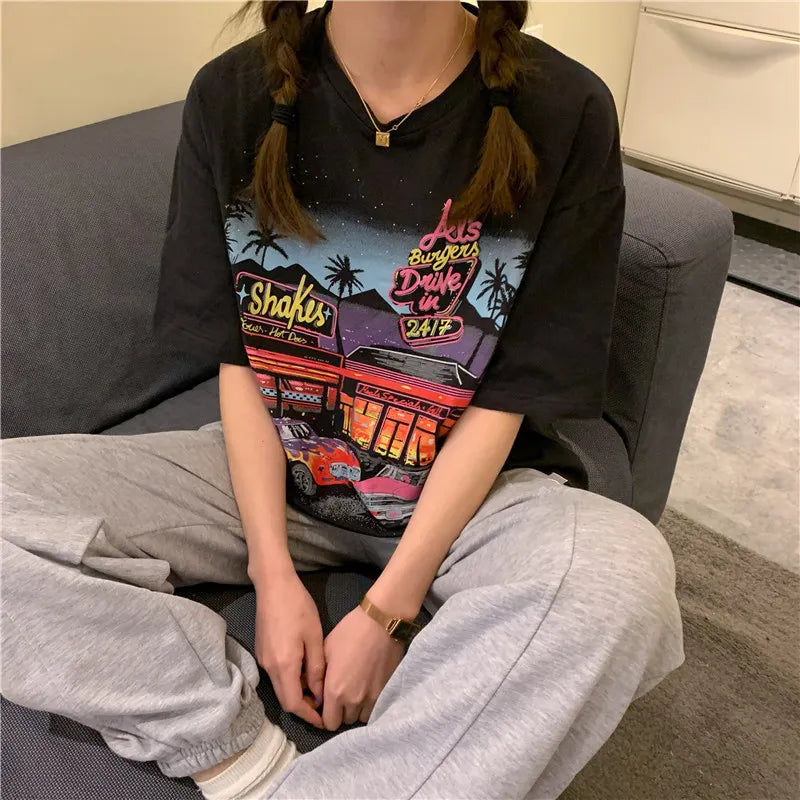 Oversized Crew Neck Retro Car Diner Graphic Loose Short Sleeve T-Shirt