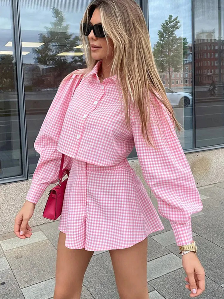 Womne's Gingham Crop Shirt & High Waist Shorts 2 Piece Set