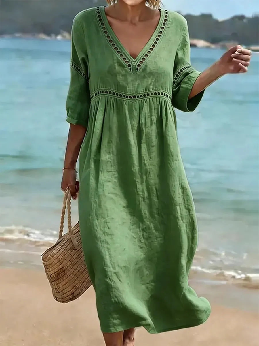 Deep V Neck Embroidery Trim Loose Cotton Linen Pull Pleat Maxi Dress