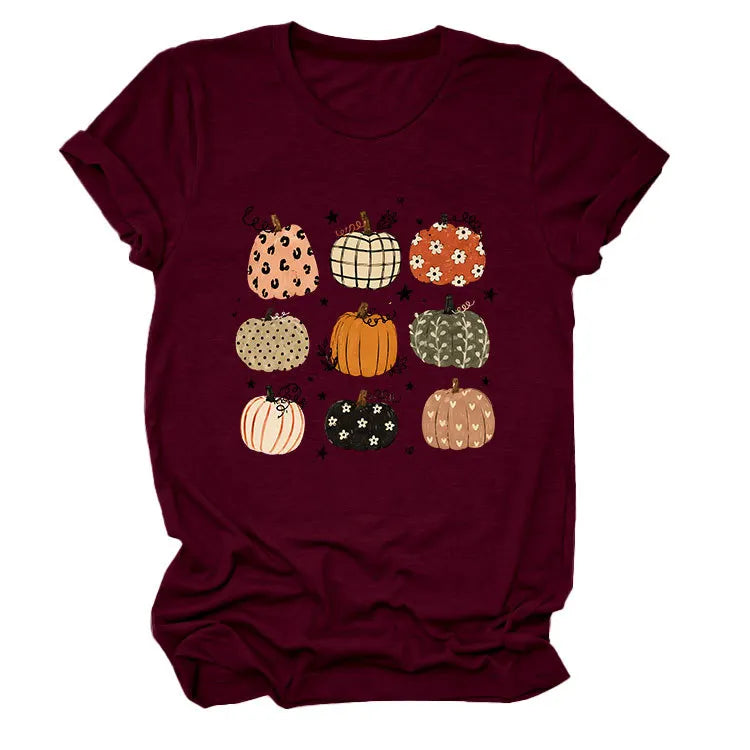 Leopard Floral Plaid Pumpkin Casual Short Sleeve Tee