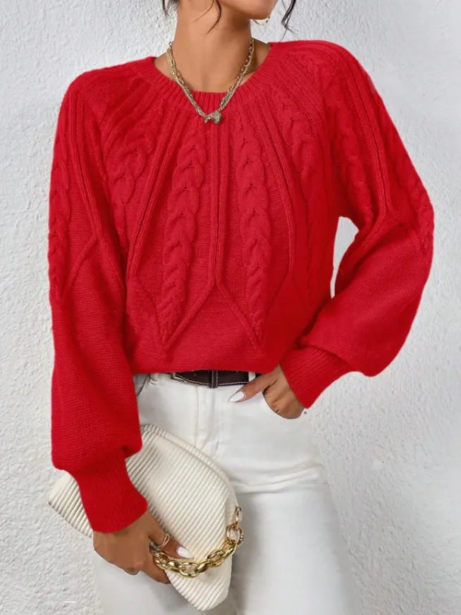 Crew Neck Cable Knit Sweater, Long Lantern Sleeve Loose Solid Pullover