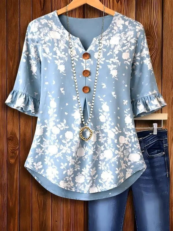 Round Neck Floral Printed Single Breasted 3/4 Ruffle Sleeve Loose Blouse