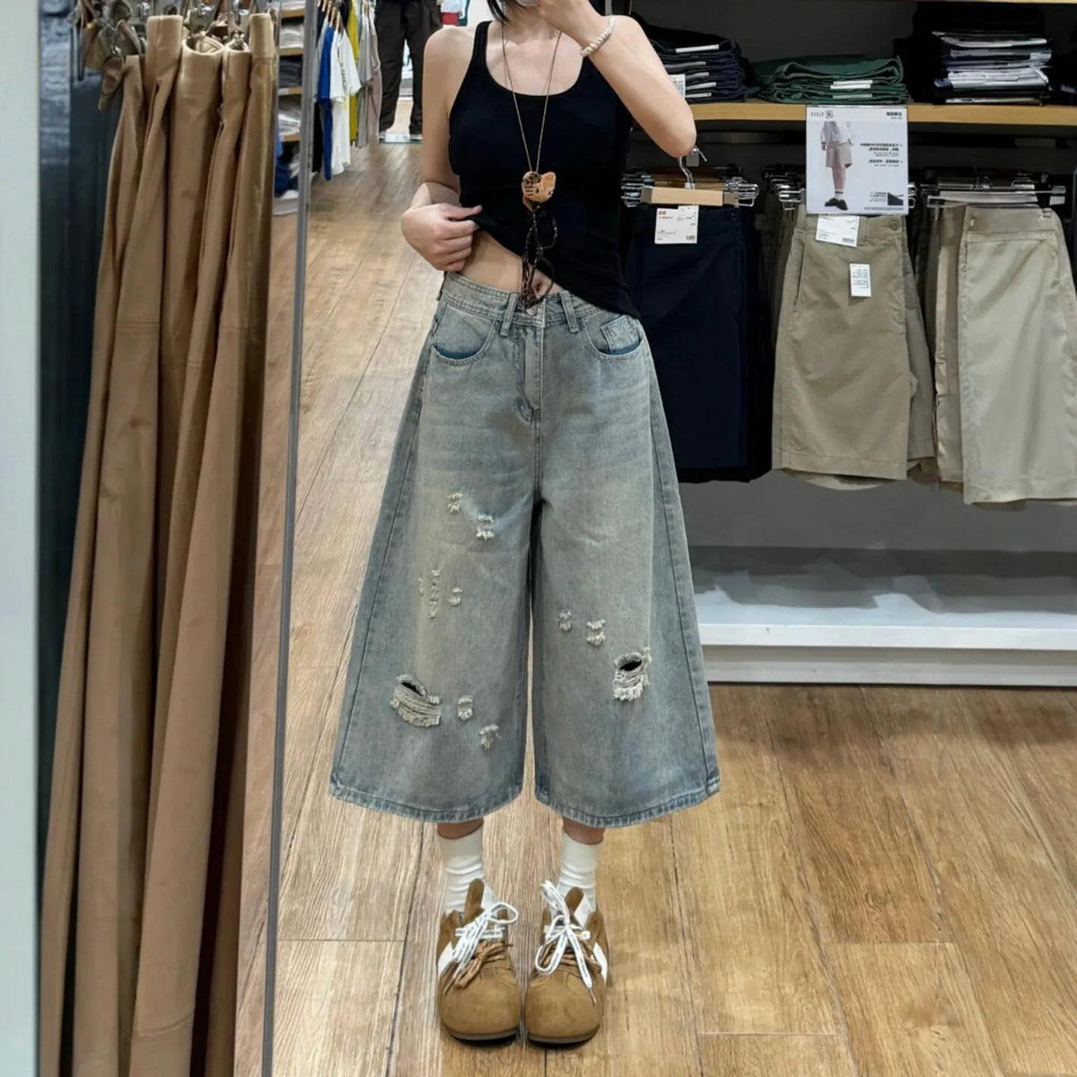 High Waist Ripped Wide Leg Cropped Jeans
