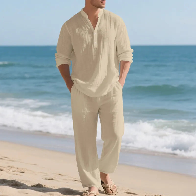 Men Stand Collar Half Button Linen Blend Long Sleeve Shirt