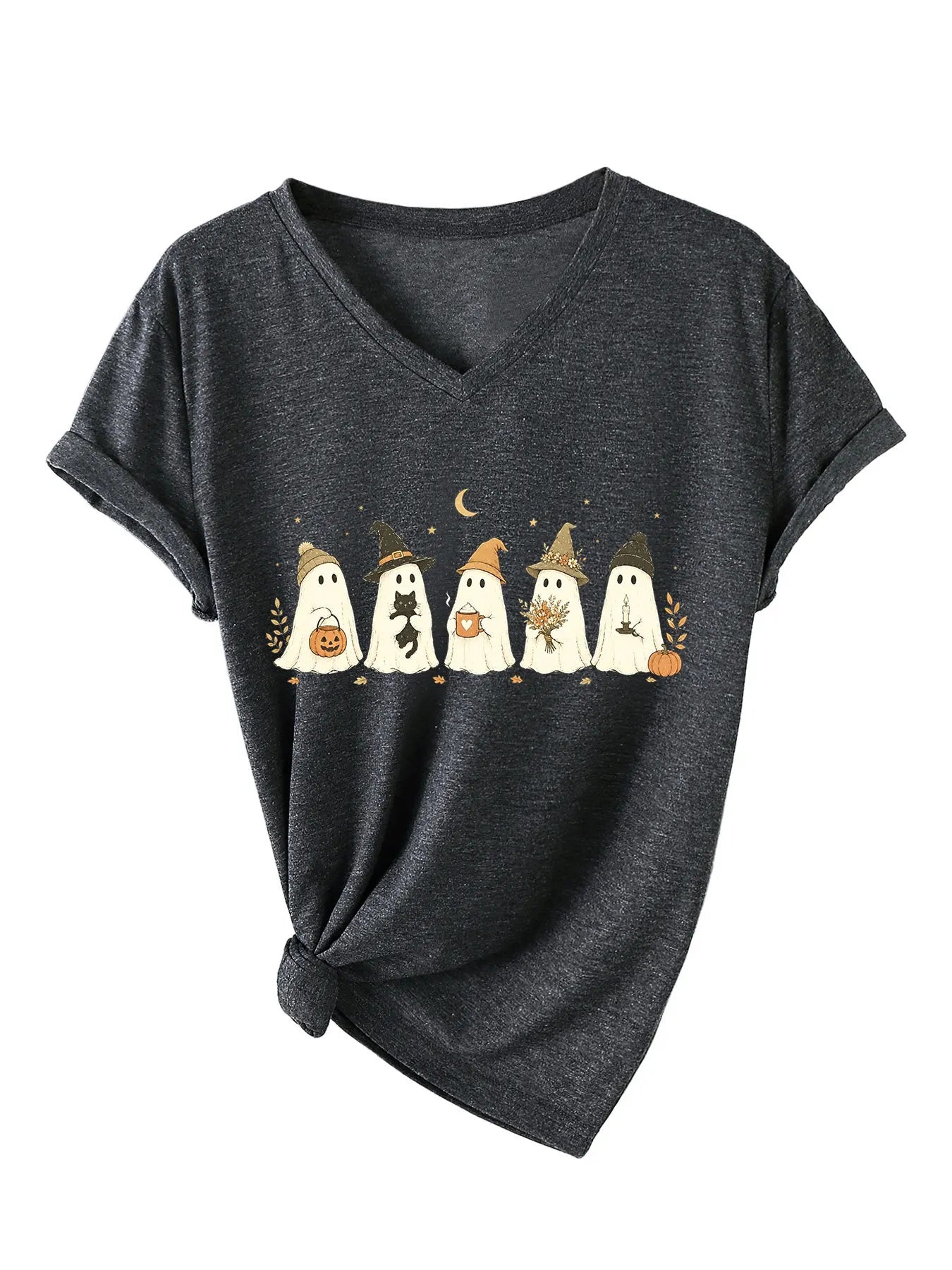 Cute Fall Ghosts Halloween V‑Neck T‑Shirt