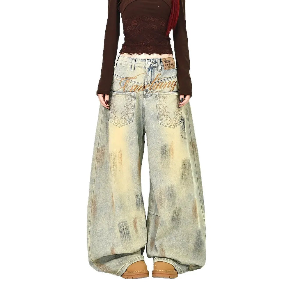 Mid‑Waist Vintage Washed Loose Wide Leg Jeans
