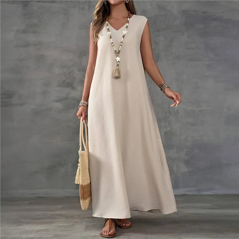 Solid V Neck Sleeveless Side Split Loose Maxi Dress