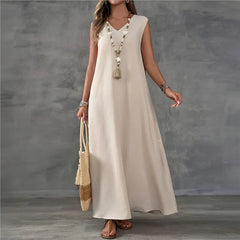Solid V Neck Sleeveless Side Split Loose Maxi Dress
