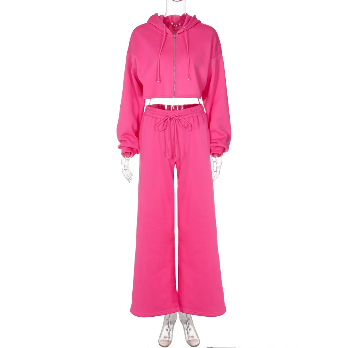 Cropped Hoodie Set, Zip-Up Sweatshirt & Wide Leg Sweatpants