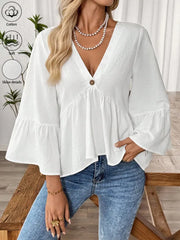 V-Neck Single Button Ruffle Sleeve Blouse