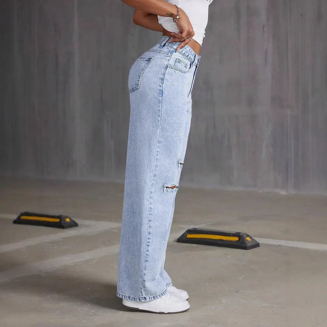 High Waist Casual Distressed Denim Pants