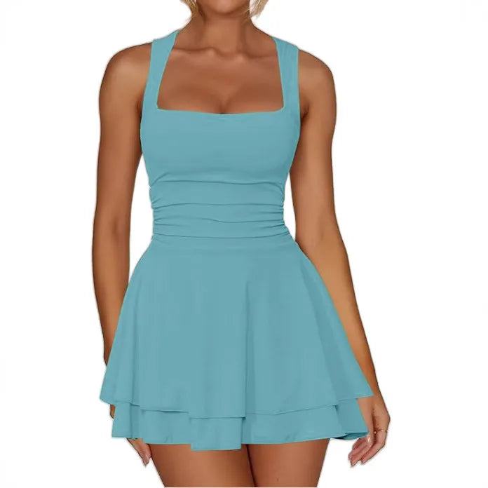 Square Neck Sleeveless Ruched Waist Double Layer Ruffle Mini Dress