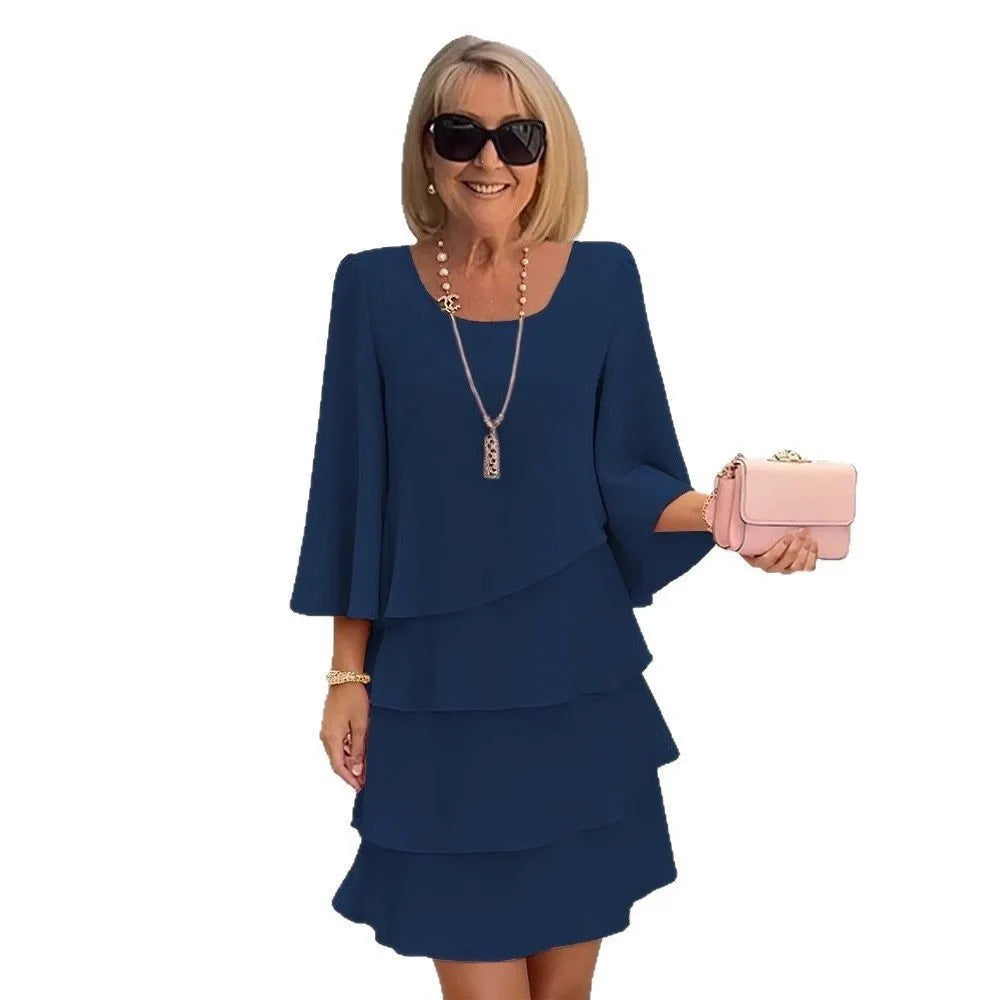 Solid Color Round Neck Layered Flared Sleeve Dress