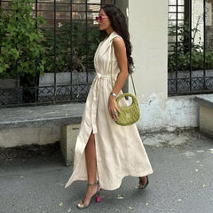 Solid Color Sleeveless Lapel Belted Maxi Shirt Dress