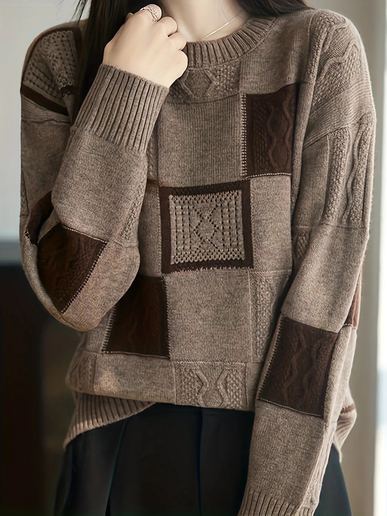 Color Block Patchwork Cable Knit Sweater