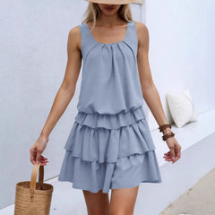 U-Neck Sleeveless Layered Ruffle Hem Loose A-Line Mini Dress