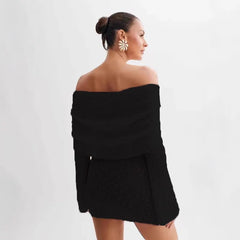 Blue Off-Shoulder Foldover Neck Mini Dress - Bell Sleeve Knit Bodycon Dress