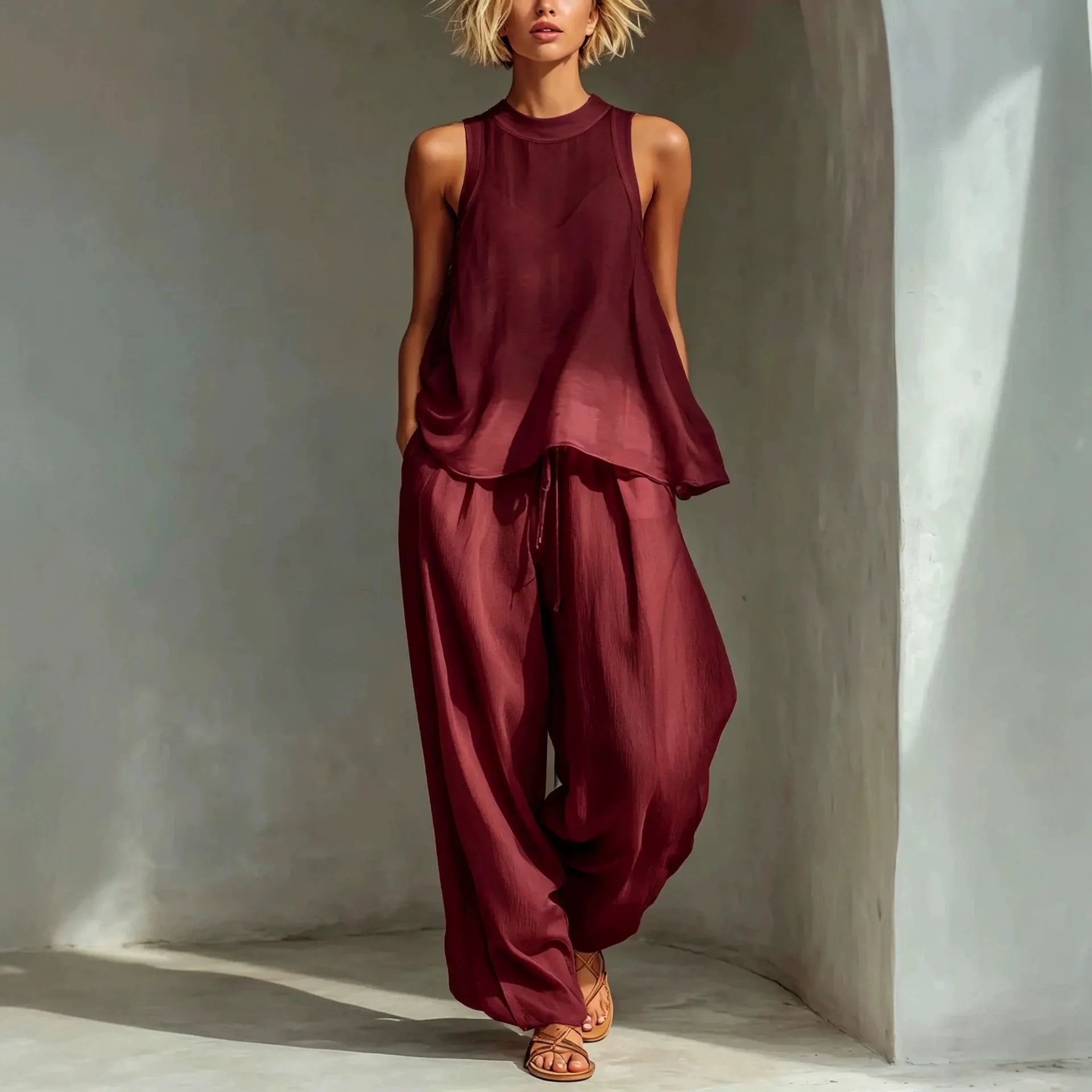 Sleeveless High Neck Flowy Top & Wide Leg Linen-Blend Pants Set