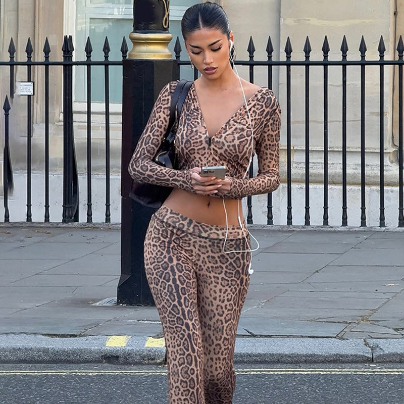 Y2K Animal Print Matching Tracksuit, Hood Zip Up Top & High Waist Flare Pant Set