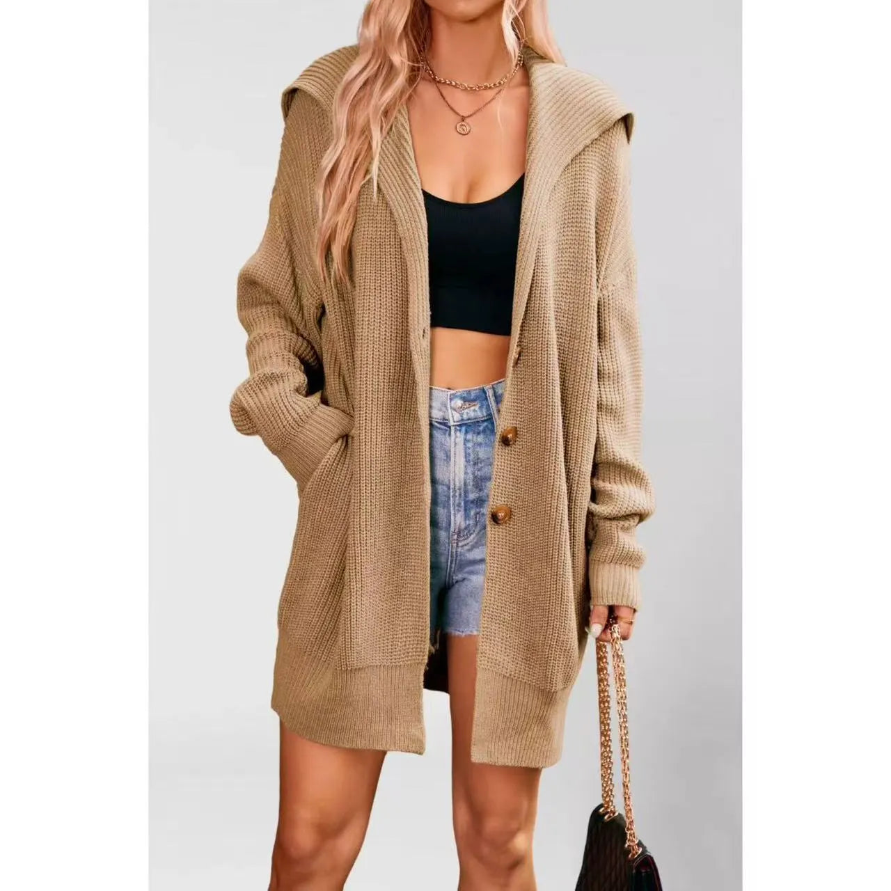 Waffle Knit Lapel Button Midi Pocket Cardigan Sweater