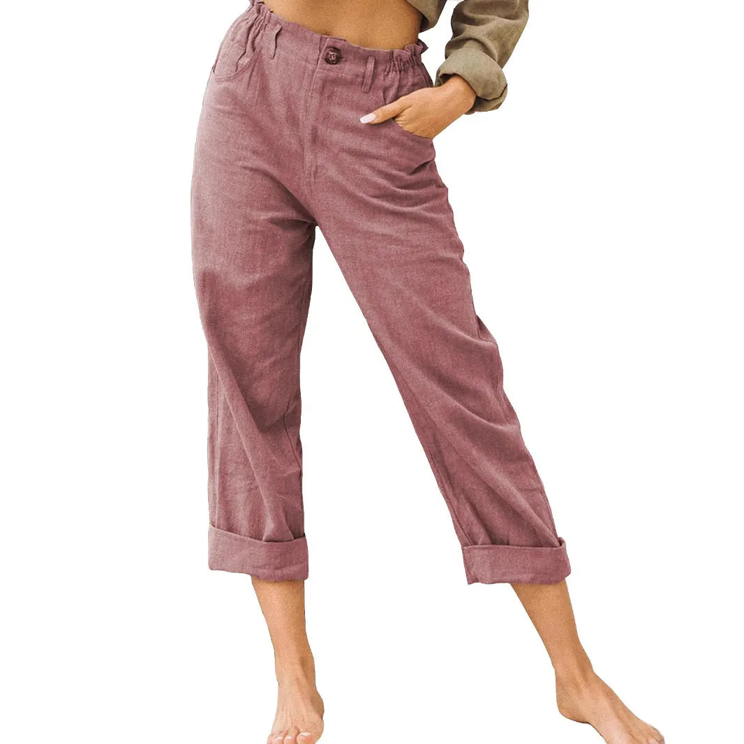 Linen Blend Rolled Cuff Cropped Pants