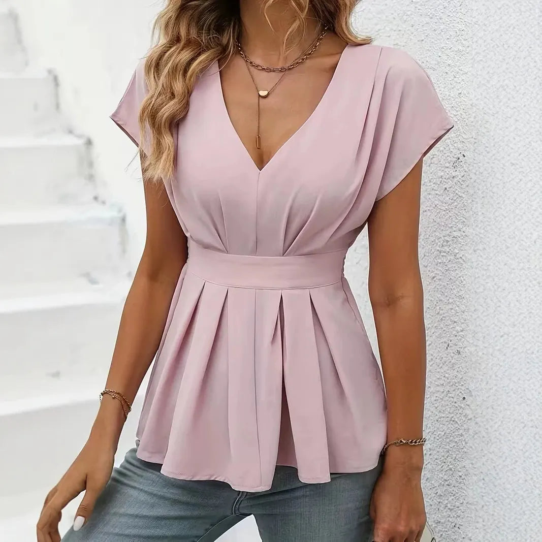 V-Neck Short Sleeve Waist Pleated Slim Pullover OL Commuter Blouse