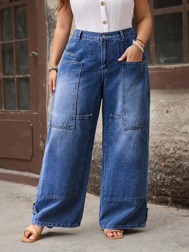 Plus Size Patch Pocket Wide Leg Jeans