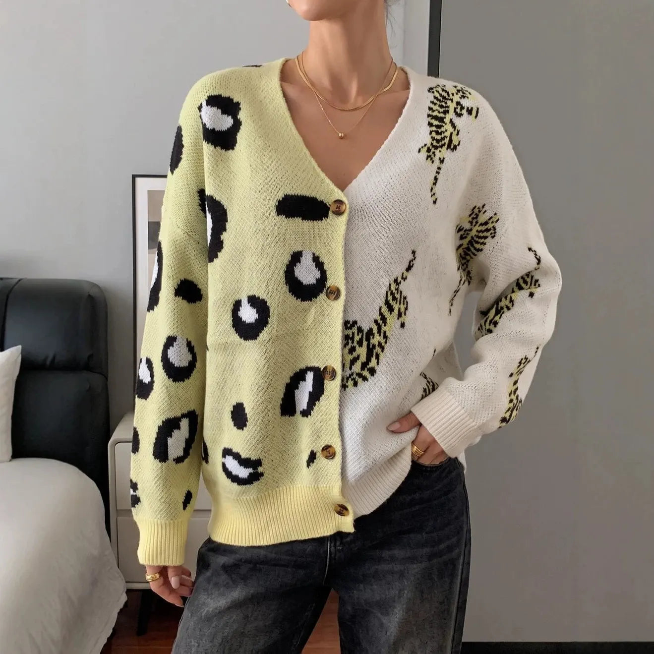 Color Block Leopard Tiger Print Knit Cardigan V Neck Button Down Oversized Sweater Coat
