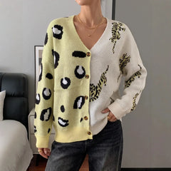 Color Block Leopard Tiger Print Knit Cardigan V Neck Button Down Oversized Sweater Coat