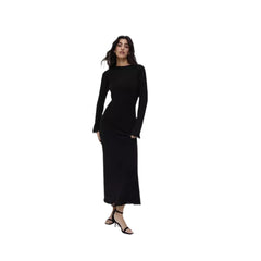 Light Pink Semi Sheer Knit Dress, Ladies Crew Neck Flared Sleeve Elegant Long Knit Midi Dress