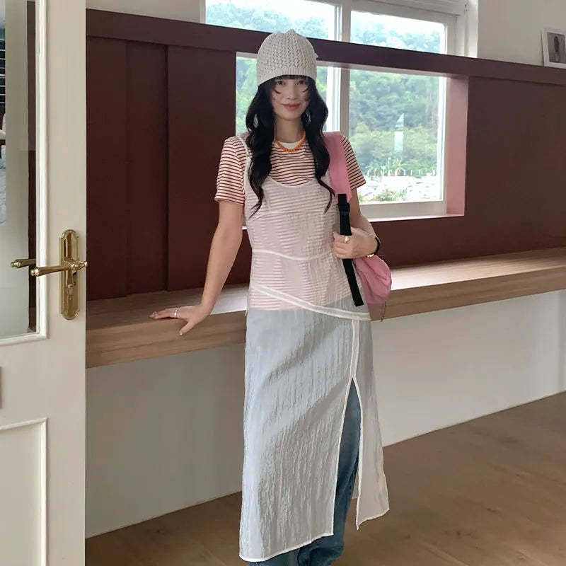 U-Neck Spliced Sleeveless A-Line Midi Slip Dress