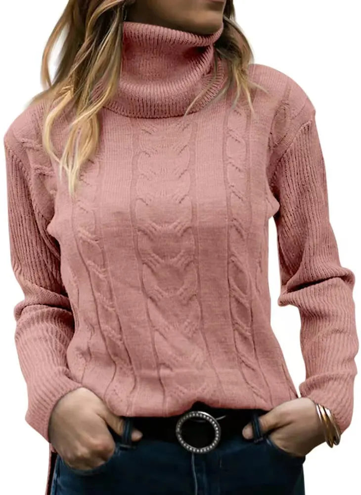 Thick Cable Knit Turtleneck Sweater, Classic Warm Long Sleeve Winter Jumper