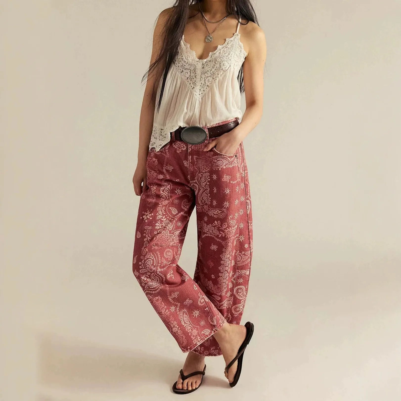 Mid‑Waist Striped Printed Loose Barrel Jeans