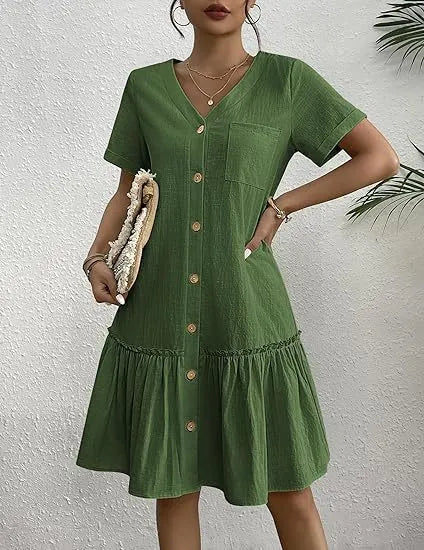 V Neck Short Sleeve Button Down Ruffle Hem Midi Dress