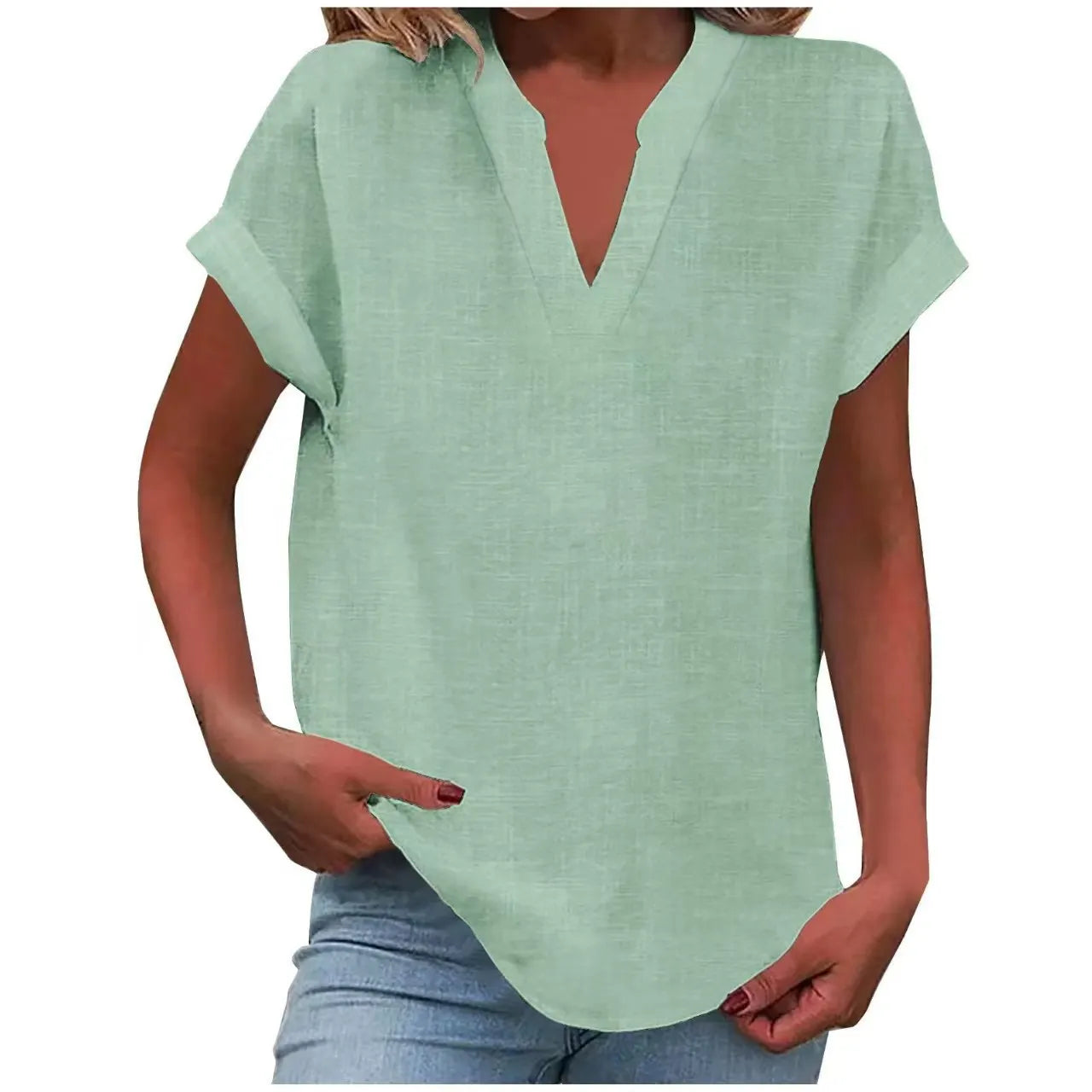 Notched V Neck Cuffed Short Sleeve Loose Cotton Linen Blouse