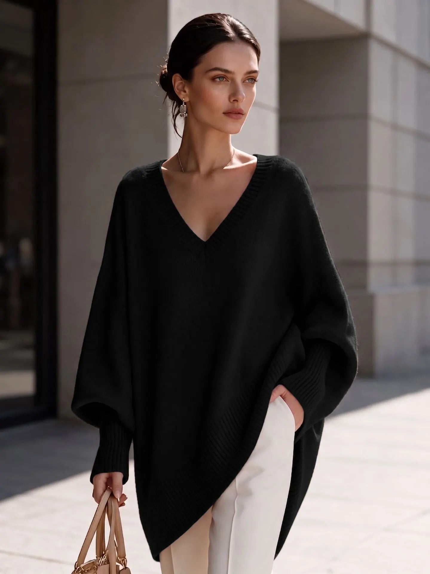 Dusty Pink Oversized V Neck Tunic Sweater, Batwing Long Sleeve Soft Knit Top