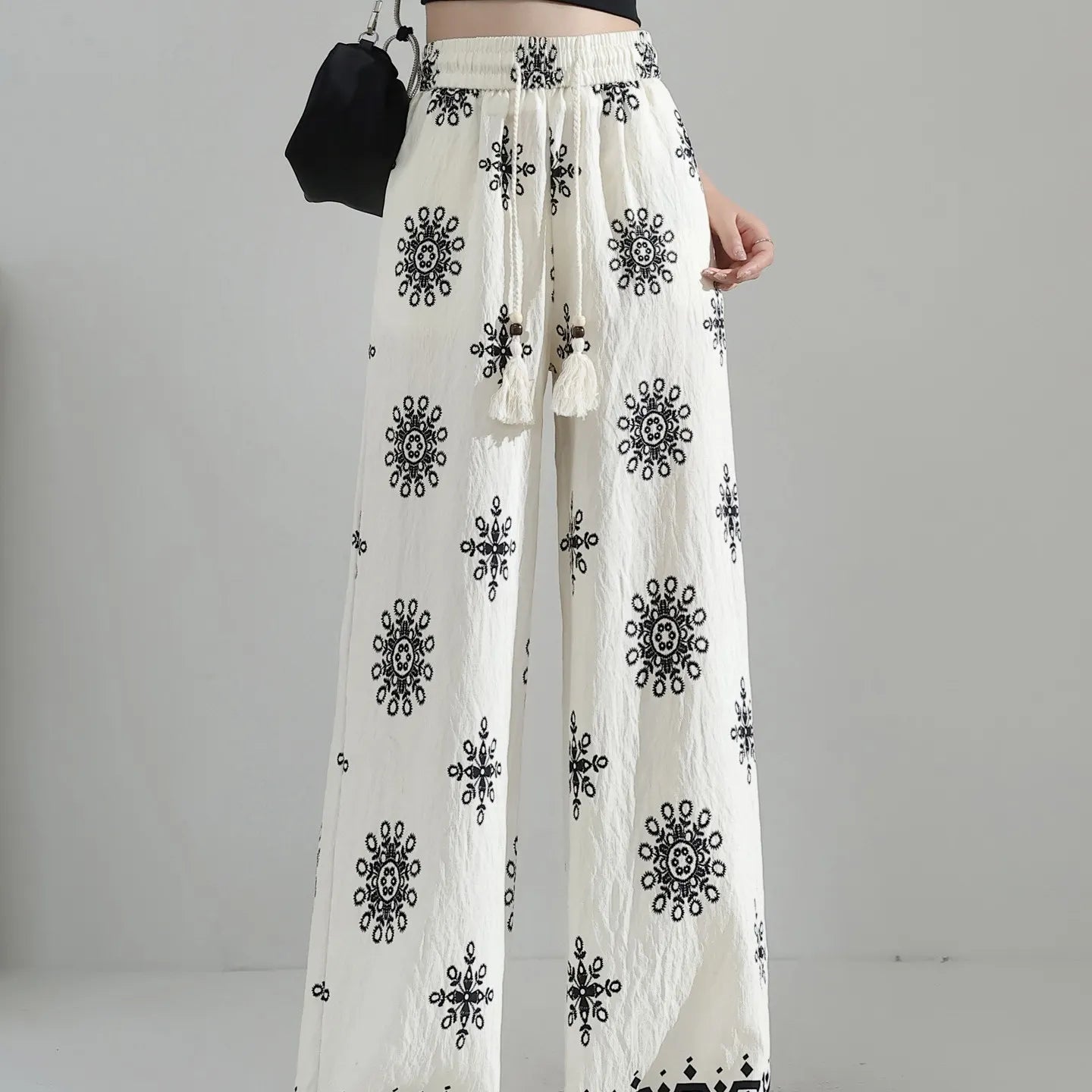 Ethnic Floral Print High Waist Micro Stretch Cotton Linen Straight Long Casual Pants