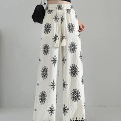 Ethnic Floral Print High Waist Micro Stretch Cotton Linen Straight Long Casual Pants