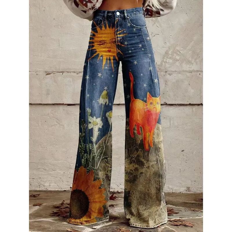 High Waist Western Cowboy Horse Print Wide Leg Pants