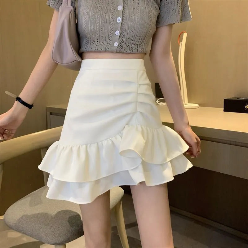 High-Waisted Ruched Ruffle Mini Skirt